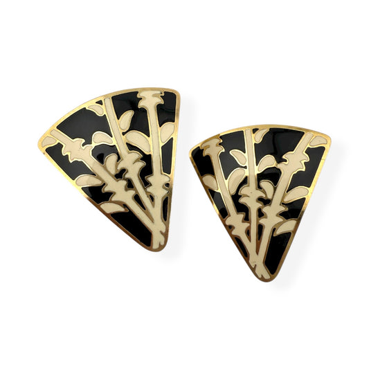 1980s Black & Cream Enamel Bamboo Fan Earrings, Gold Tone