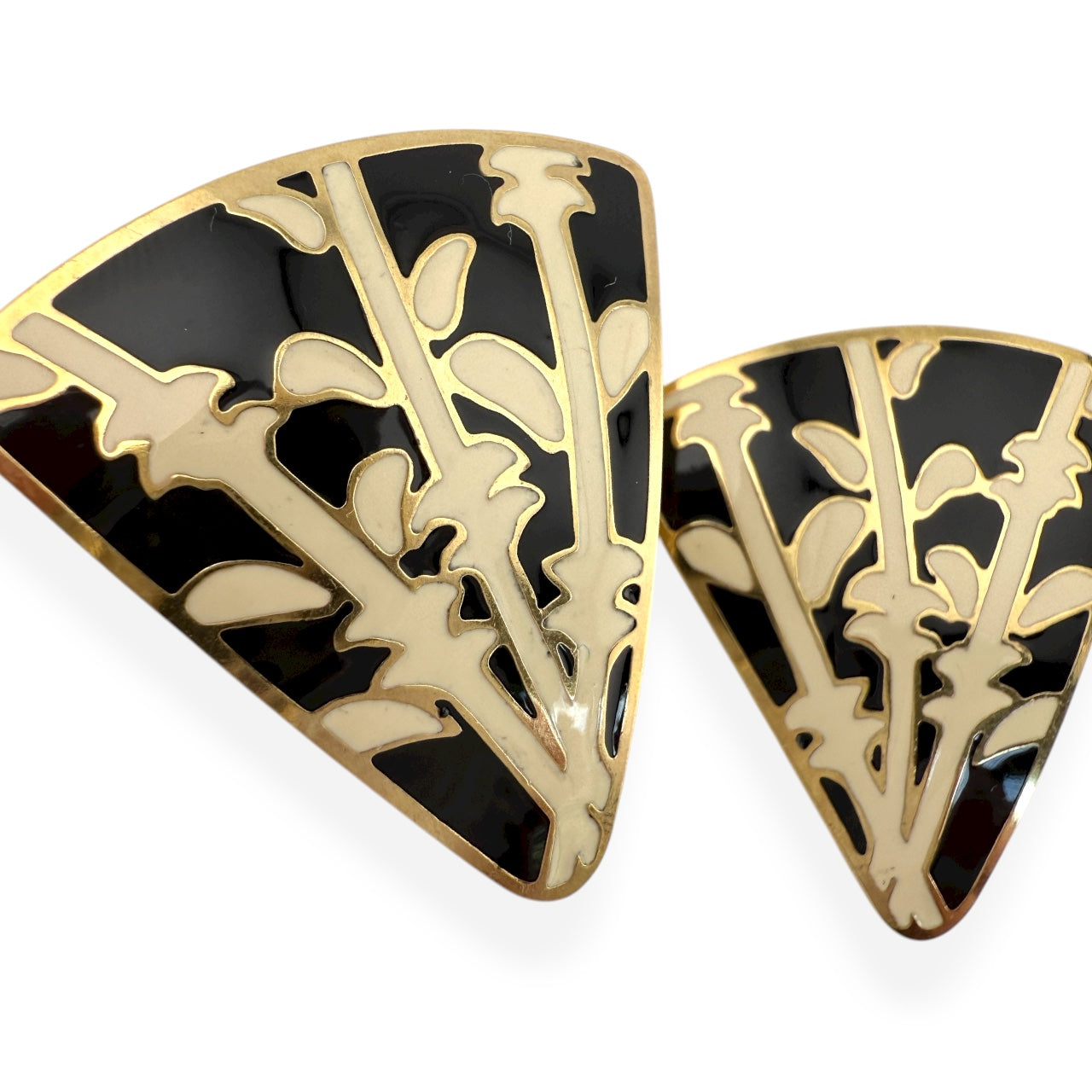 1980s Black & Cream Enamel Bamboo Fan Earrings, Gold Tone