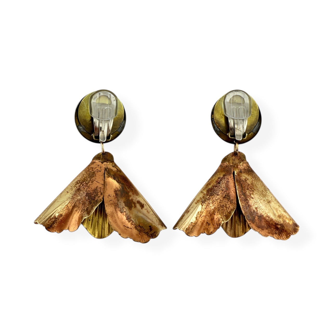 Artisan Copper & Brass Ginkgo Leaf Clip-On Drop Earrings