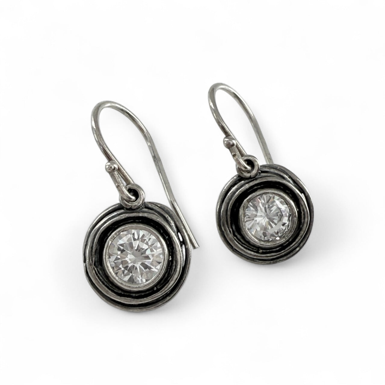 Brutalist Israeli 925 Silver & CZ Round Drop Earrings