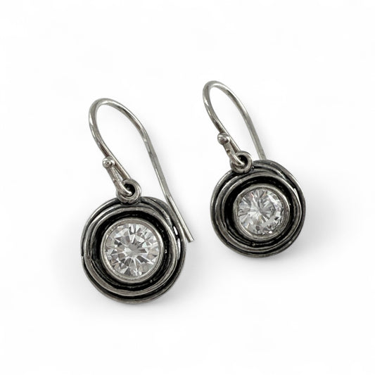 Brutalist Israeli 925 Silver & CZ Round Drop Earrings
