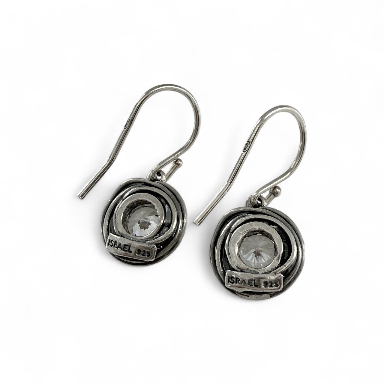 Brutalist Israeli 925 Silver & CZ Round Drop Earrings