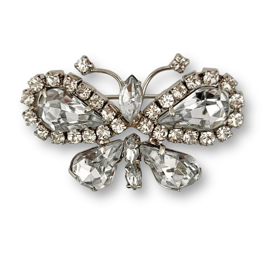 1950s Art Deco Clear Crystal Diamante Butterfly Shaped Silver Tone Brooch