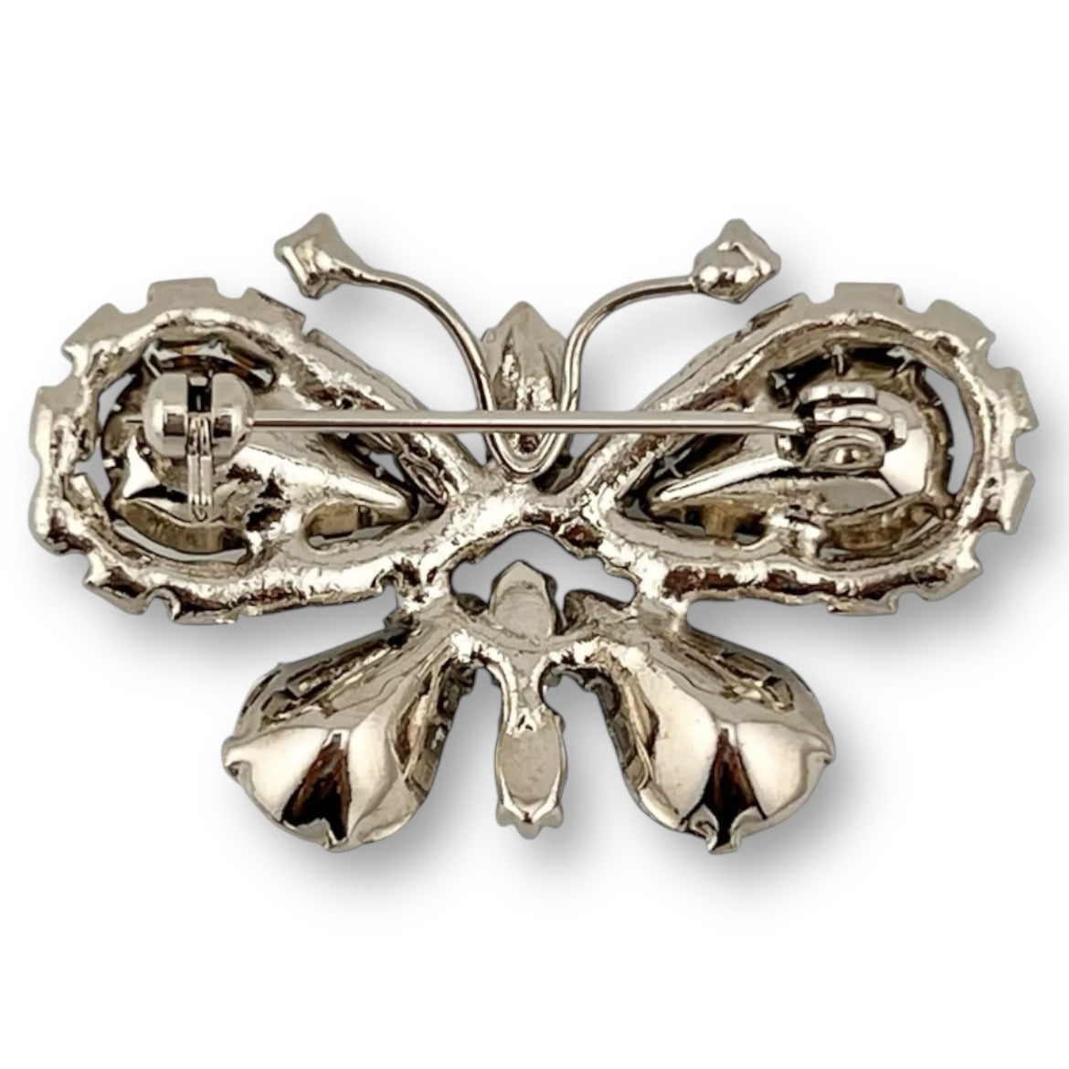 1950s Art Deco Clear Crystal Diamante Butterfly Shaped Silver Tone Brooch