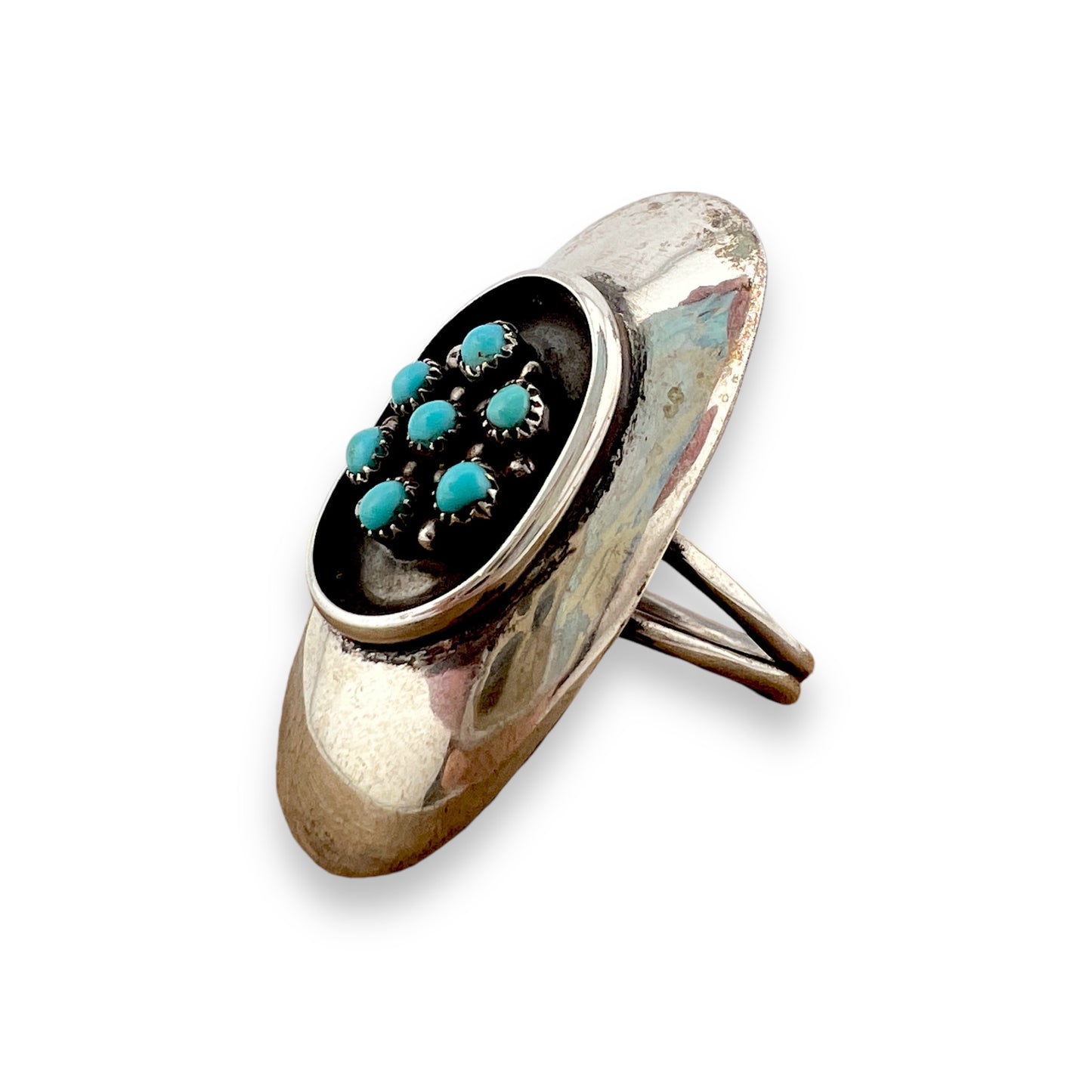 Vintage Navajo Native American Sterling Silver Shadowbox Ring with Snake Eye Turquoise