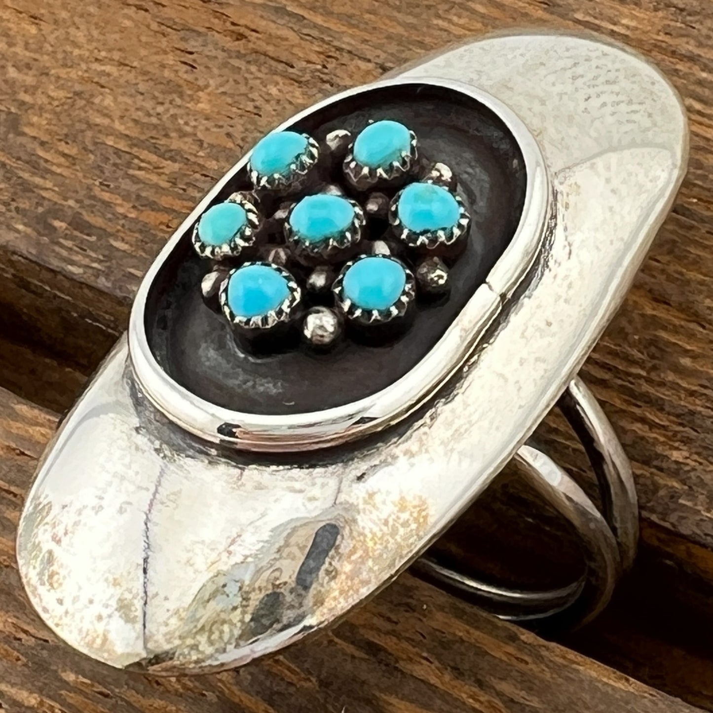 Vintage Navajo Native American Sterling Silver Shadowbox Ring with Snake Eye Turquoise