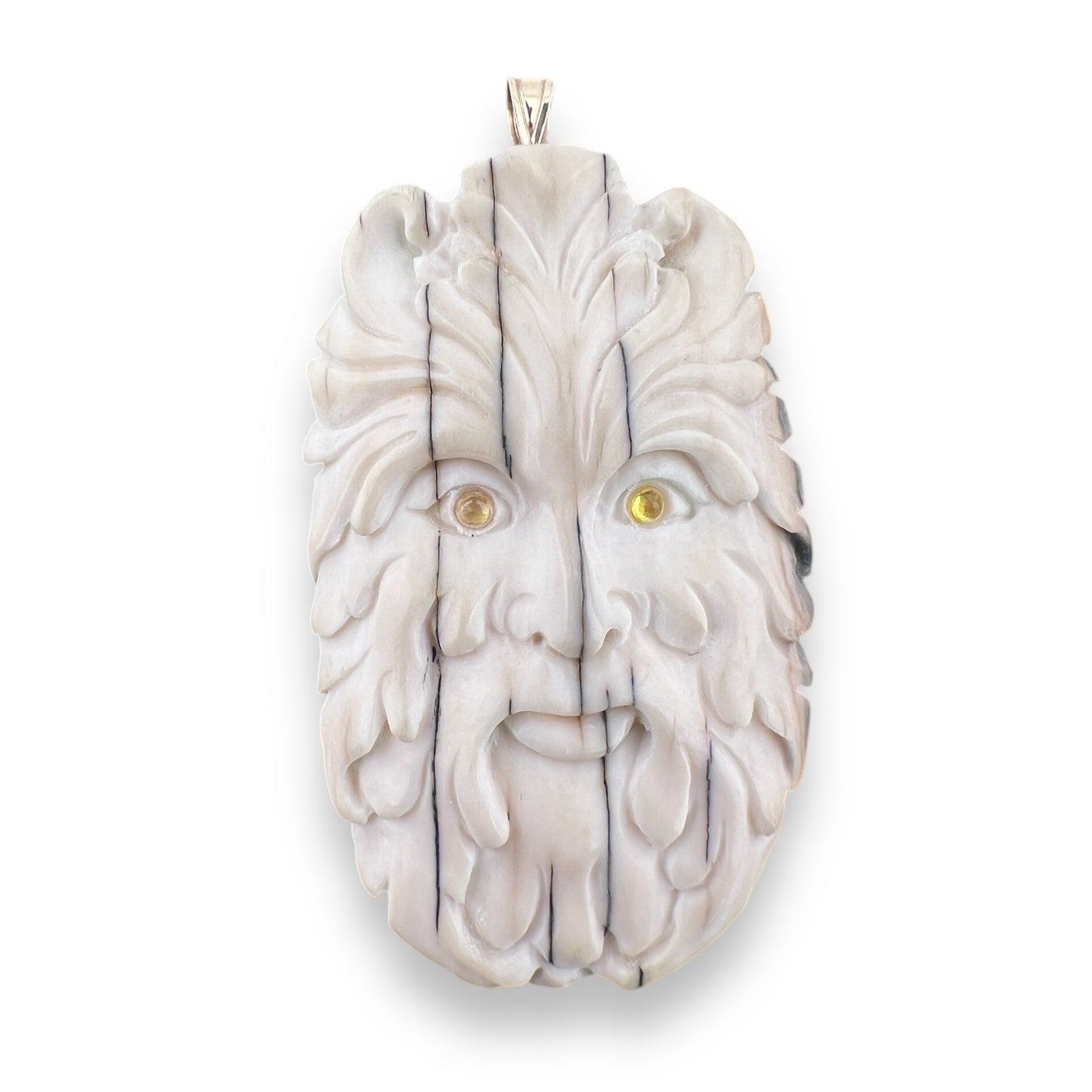 Green Man Carved Bone Pendant with Yellow Citrine Eyes and 14k Yellow Bail by Michael Anthony