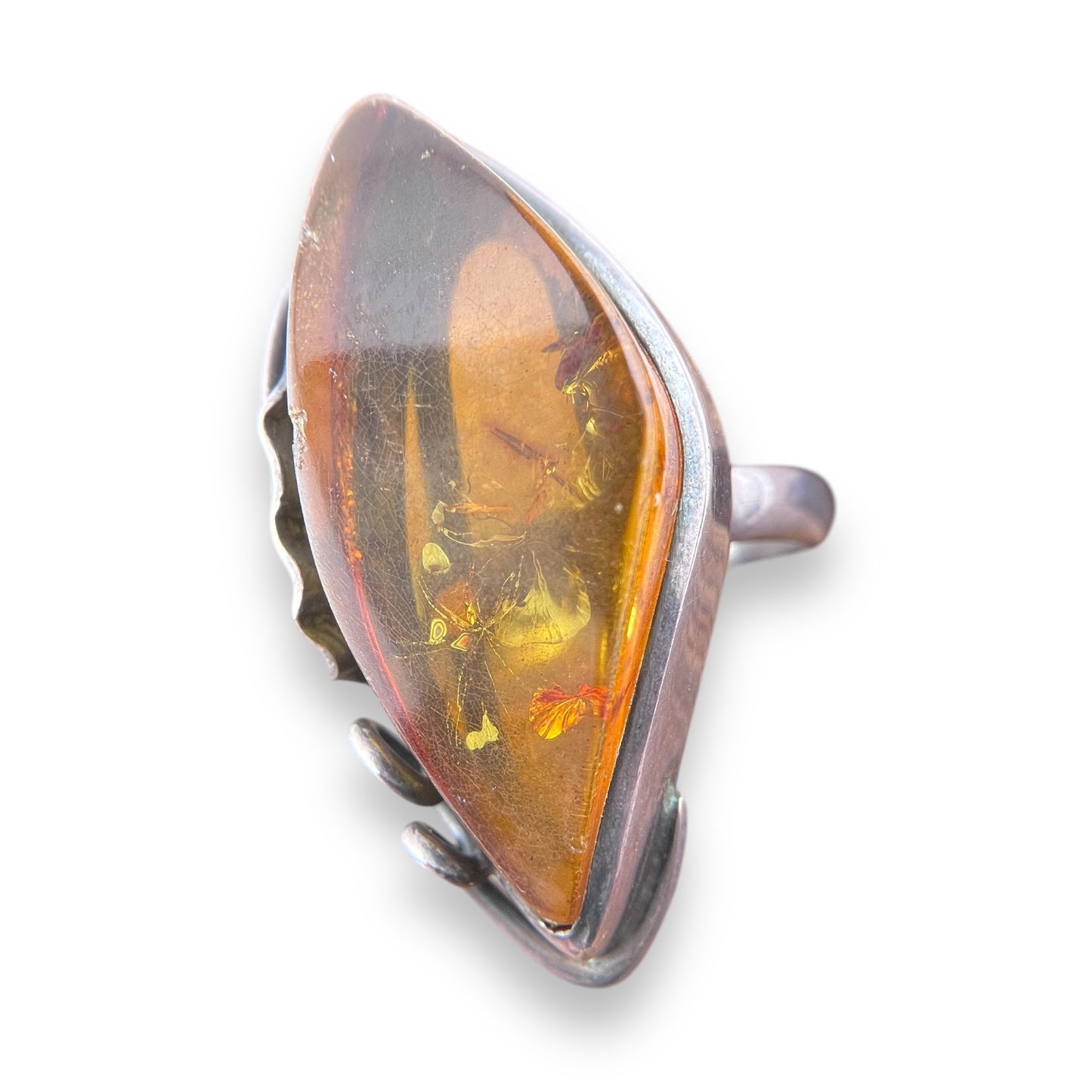 Vintage c1970s Art Nouveau Style Floral Motif Sterling Amber Ring