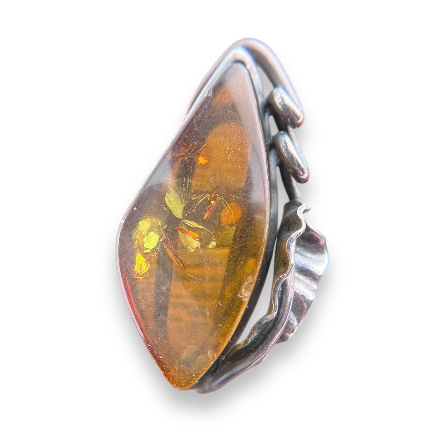 Vintage c1970s Art Nouveau Style Floral Motif Sterling Amber Ring