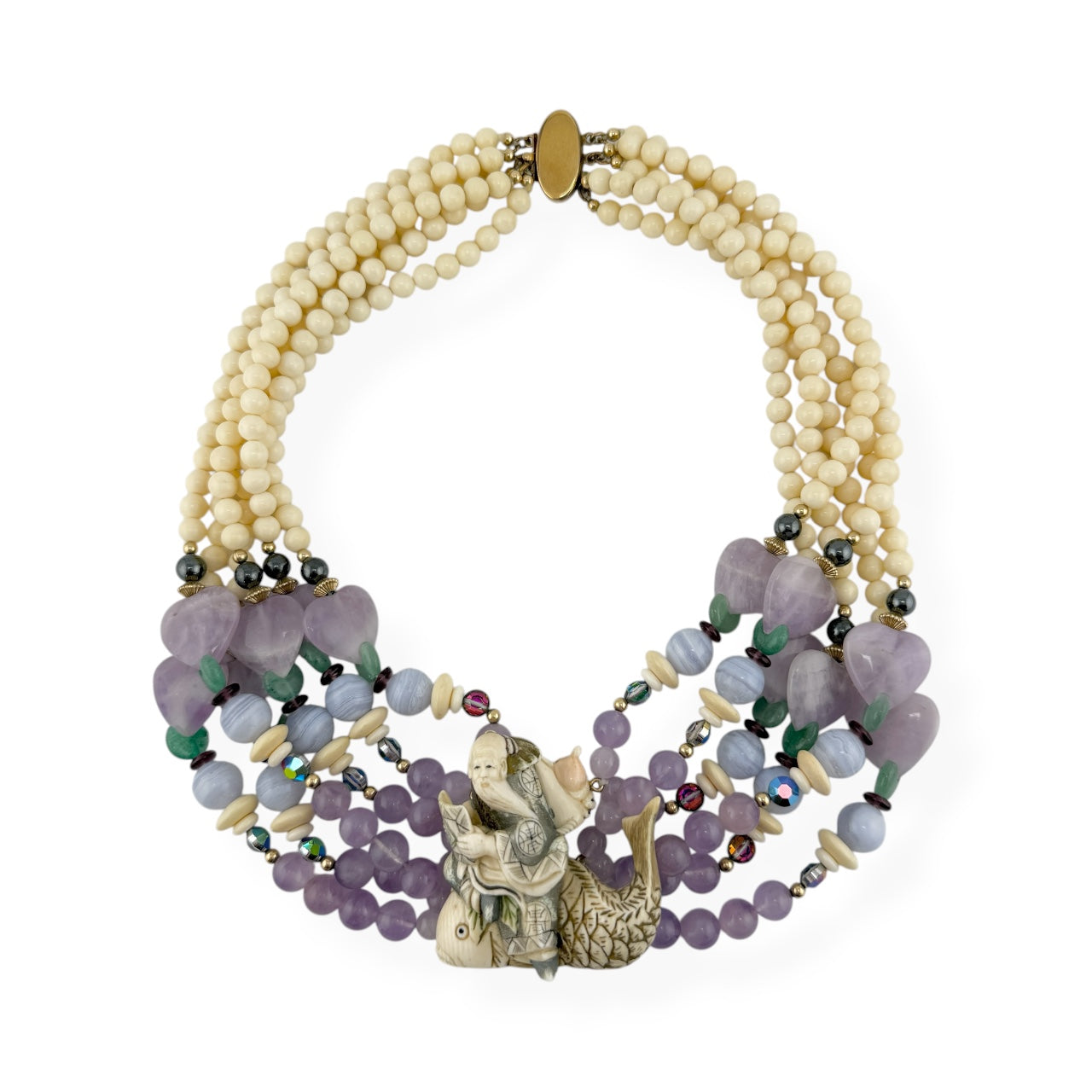 Japanese Ivory Kinko Sennin & Carp Pendant Necklace 14k GF