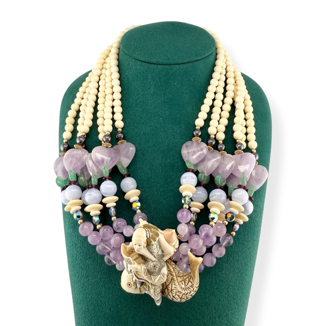 Japanese Ivory Kinko Sennin & Carp Pendant Necklace 14k GF