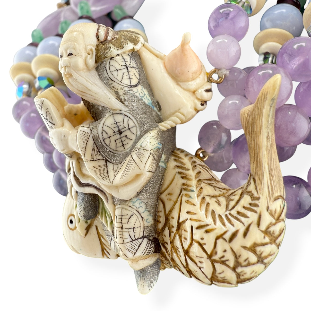 Japanese Ivory Kinko Sennin & Carp Pendant Necklace 14k GF