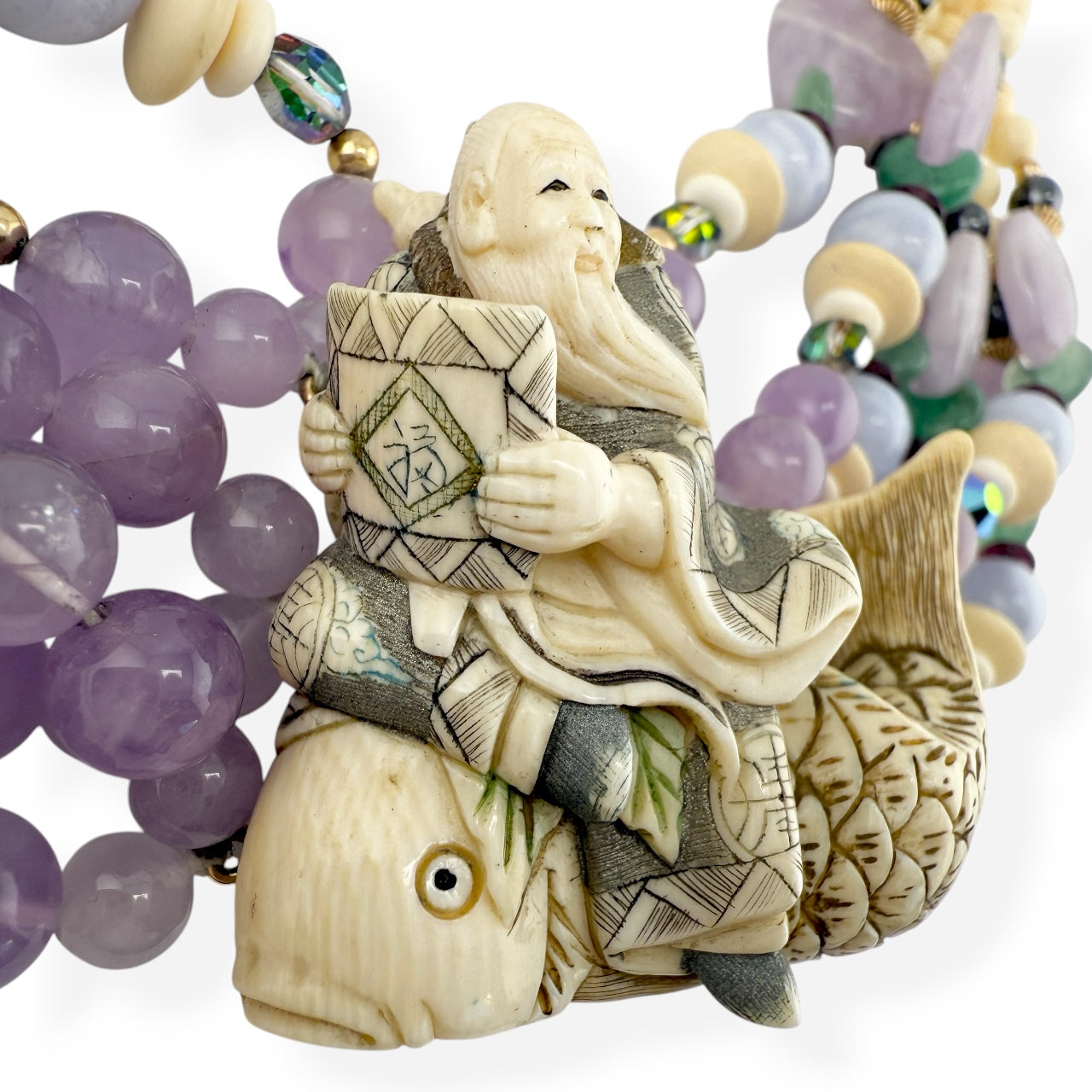 Japanese Ivory Kinko Sennin & Carp Pendant Necklace 14k GF