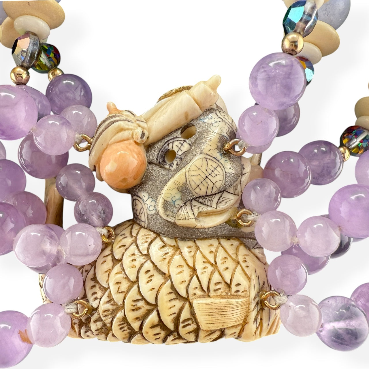 Japanese Ivory Kinko Sennin & Carp Pendant Necklace 14k GF