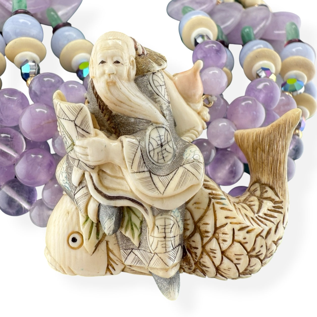 Japanese Ivory Kinko Sennin & Carp Pendant Necklace 14k GF