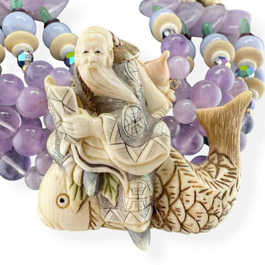 Japanese Ivory Kinko Sennin & Carp Pendant Necklace 14k GF