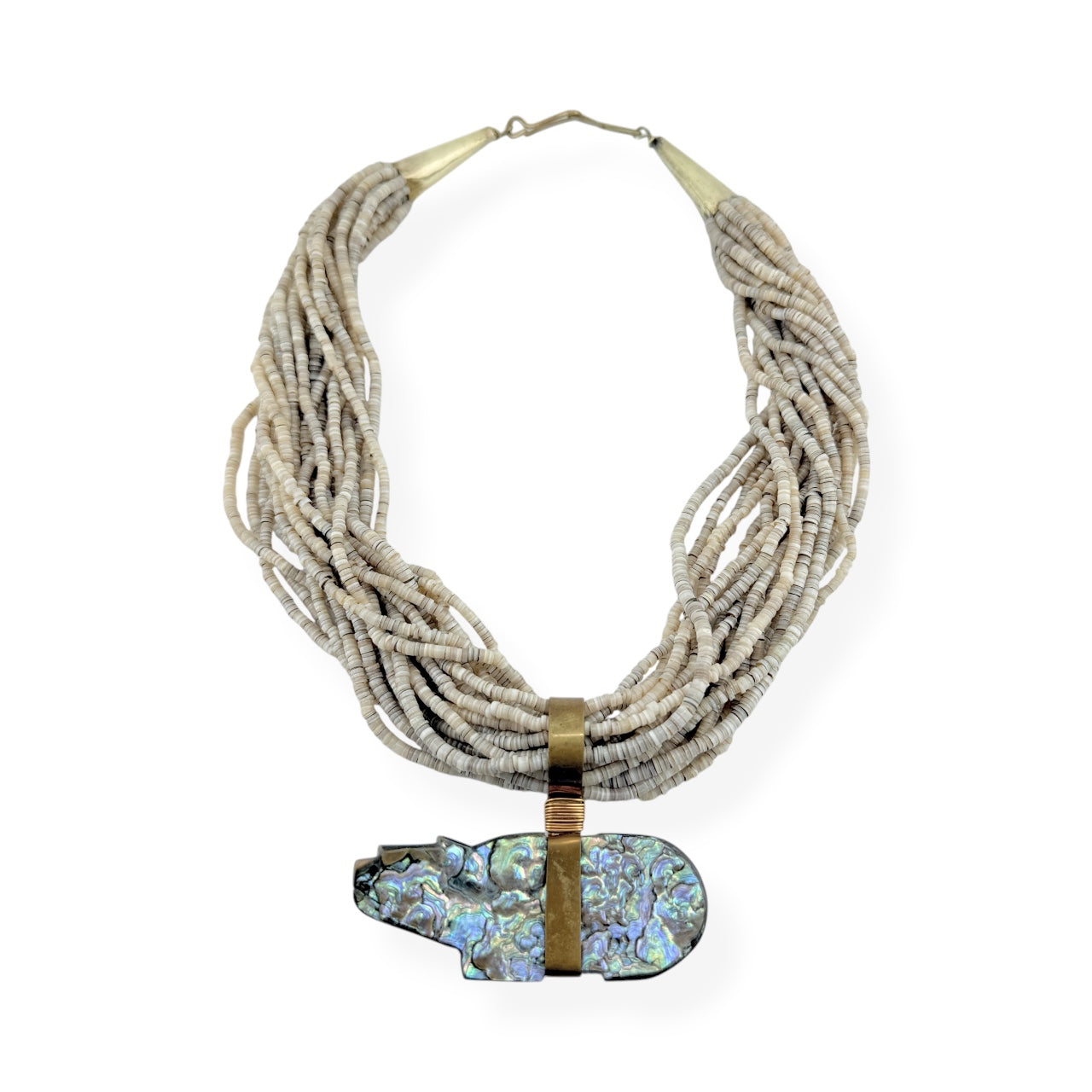 Native American 20-Strand Heishi Shell & Abalone Bear Pendant Necklace