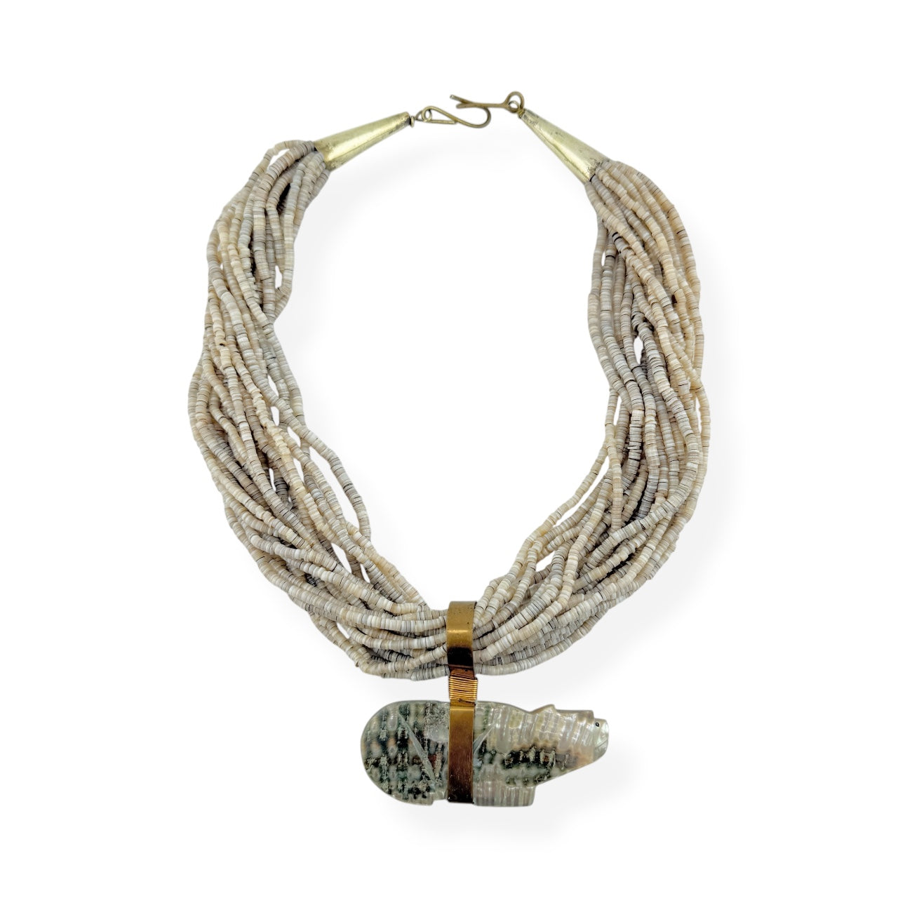 Native American 20-Strand Heishi Shell & Abalone Bear Pendant Necklace