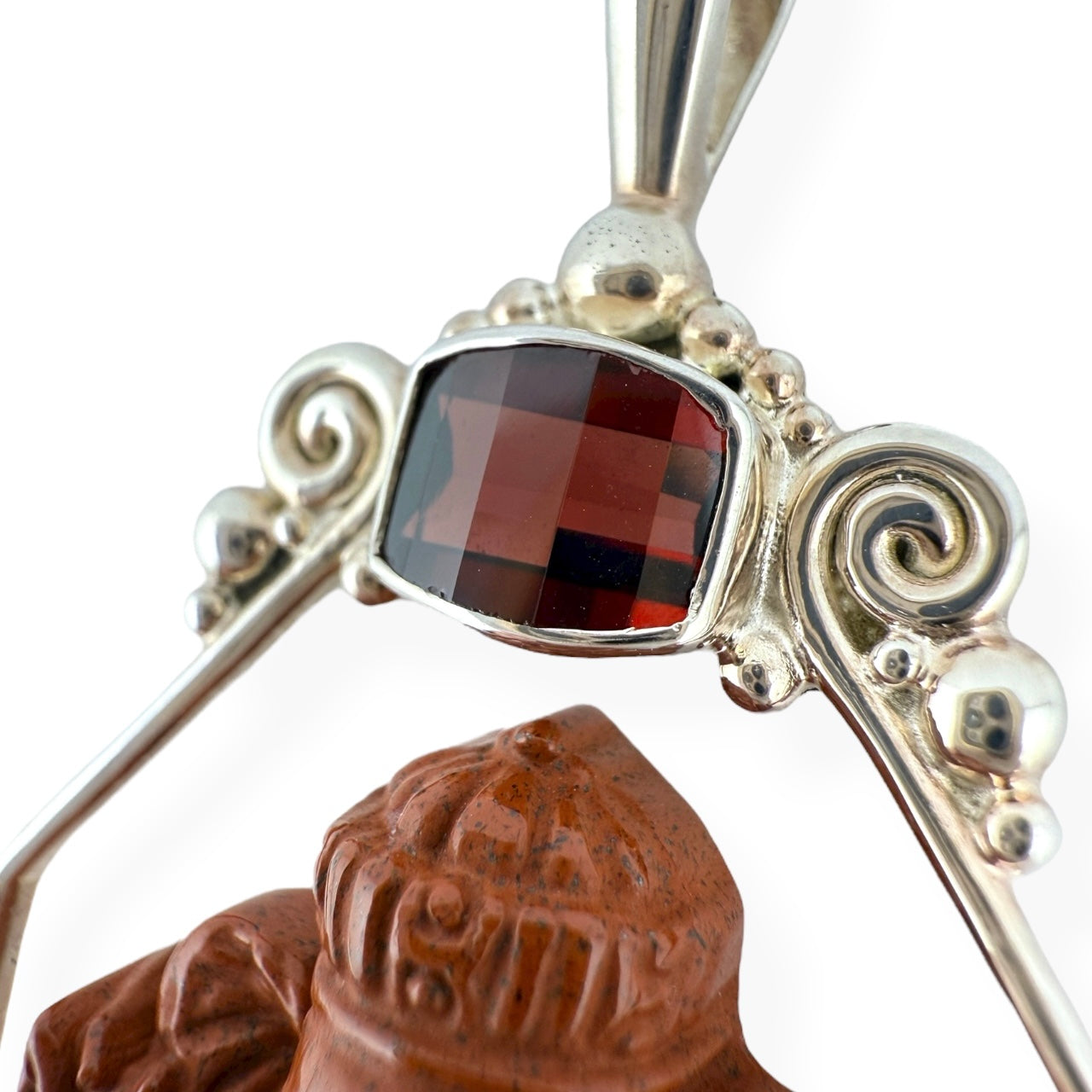 Intricately Carved Red Jasper Ganesha Pendant by Sajen, Accented with Faceted Garnets & 925 Sterling Silver