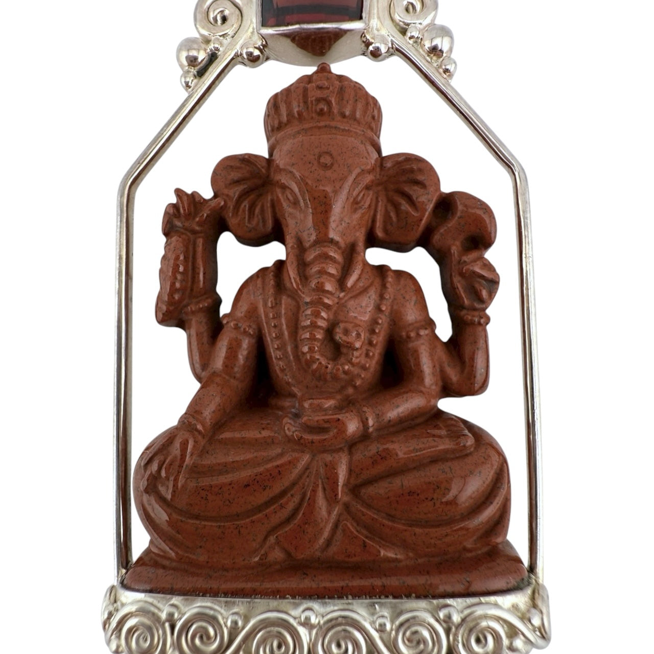 Intricately Carved Red Jasper Ganesha Pendant by Sajen, Accented with Faceted Garnets & 925 Sterling Silver