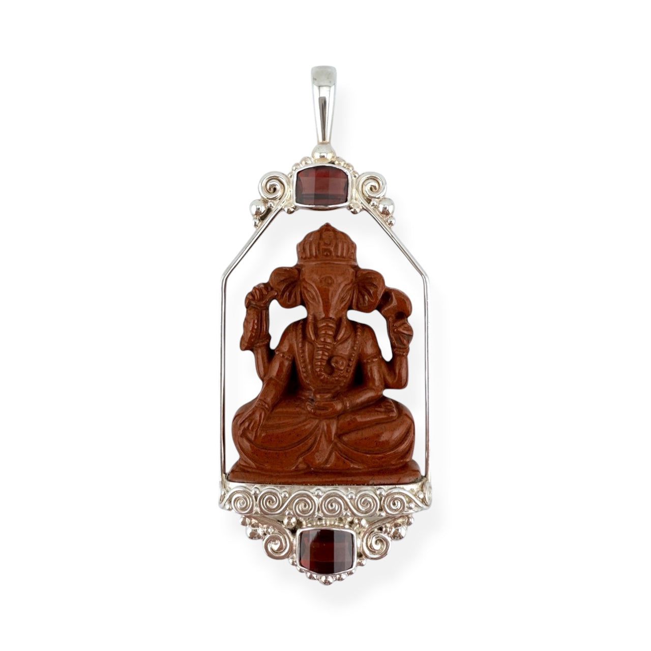 Intricately Carved Red Jasper Ganesha Pendant by Sajen, Accented with Faceted Garnets & 925 Sterling Silver