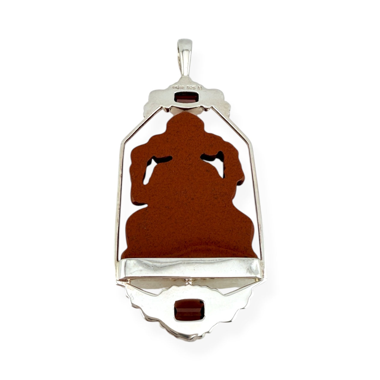 Intricately Carved Red Jasper Ganesha Pendant by Sajen, Accented with Faceted Garnets & 925 Sterling Silver