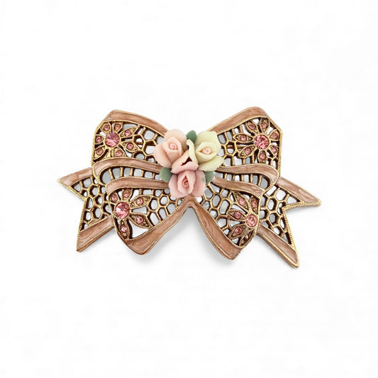 Victorian Revival Style Gold Tone Bow Brooch with Porcelain Roses