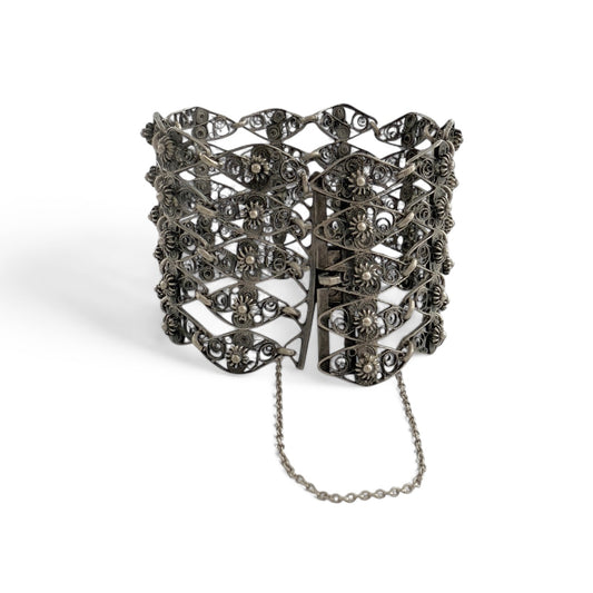 Vintage 835 Silver Heirloom Wide 5-Row Filigree Floral Bracelet