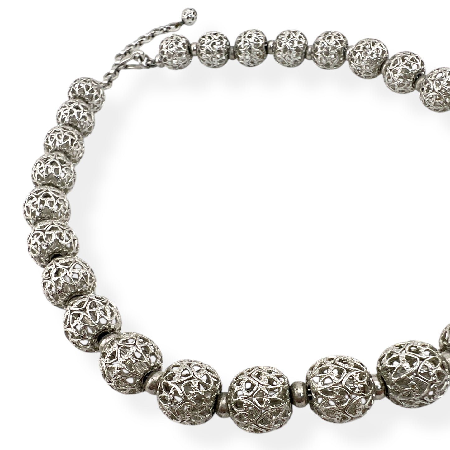 Monet Filigree Ball Beads with Hearts Silver Tone Necklace