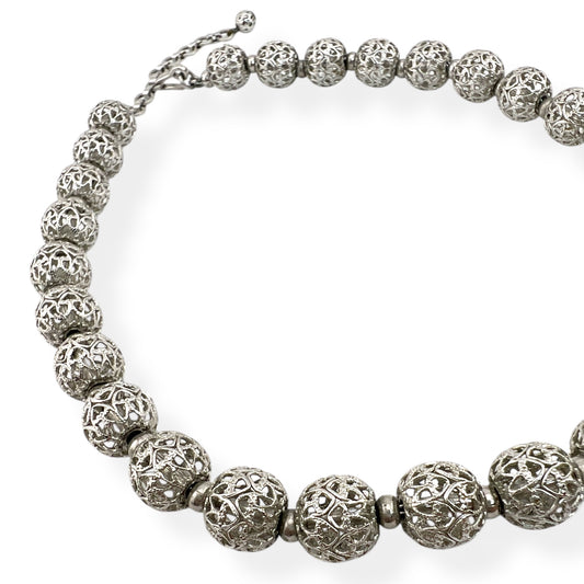 Monet Filigree Ball Beads with Hearts Silver Tone Necklace
