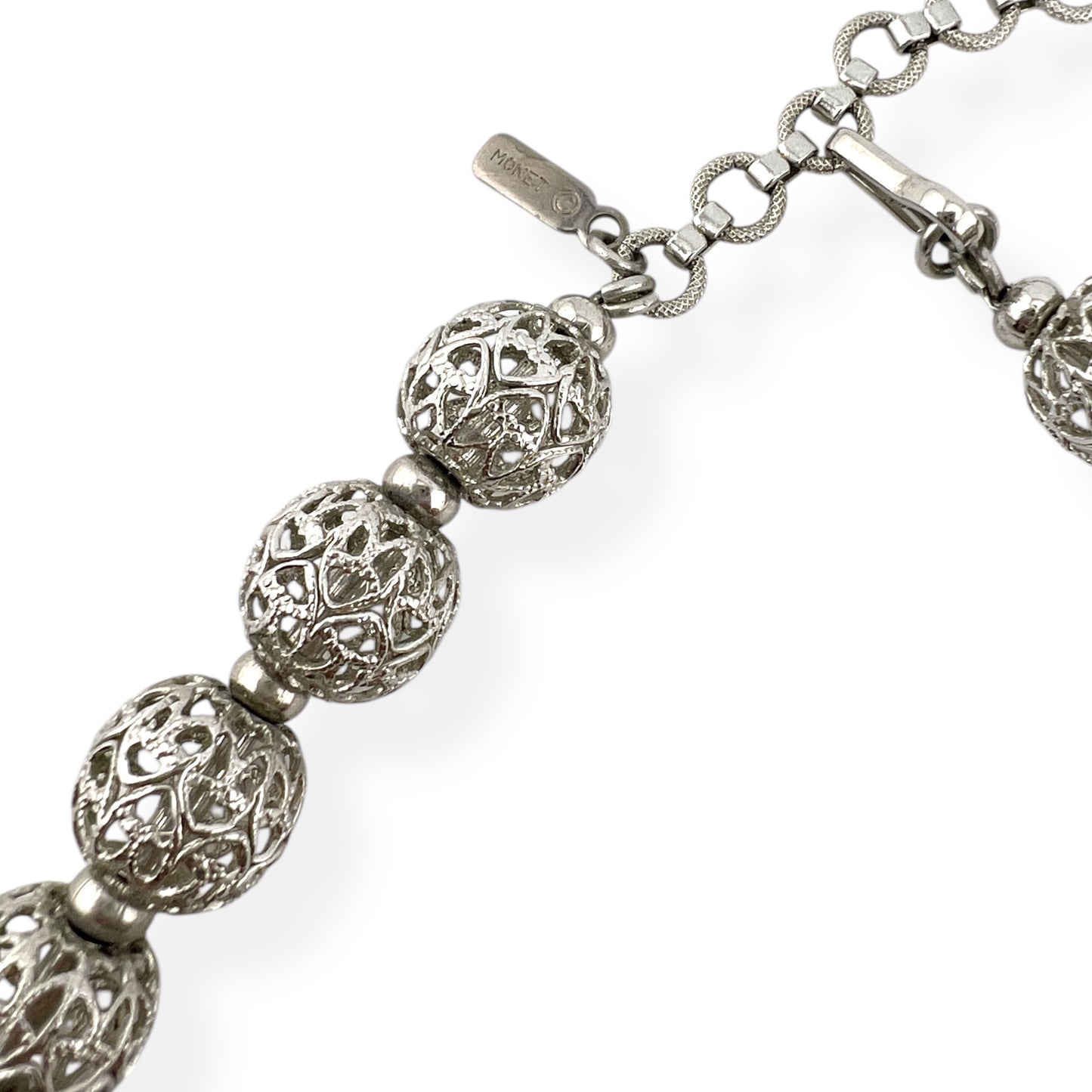 Monet Filigree Ball Beads with Hearts Silver Tone Necklace