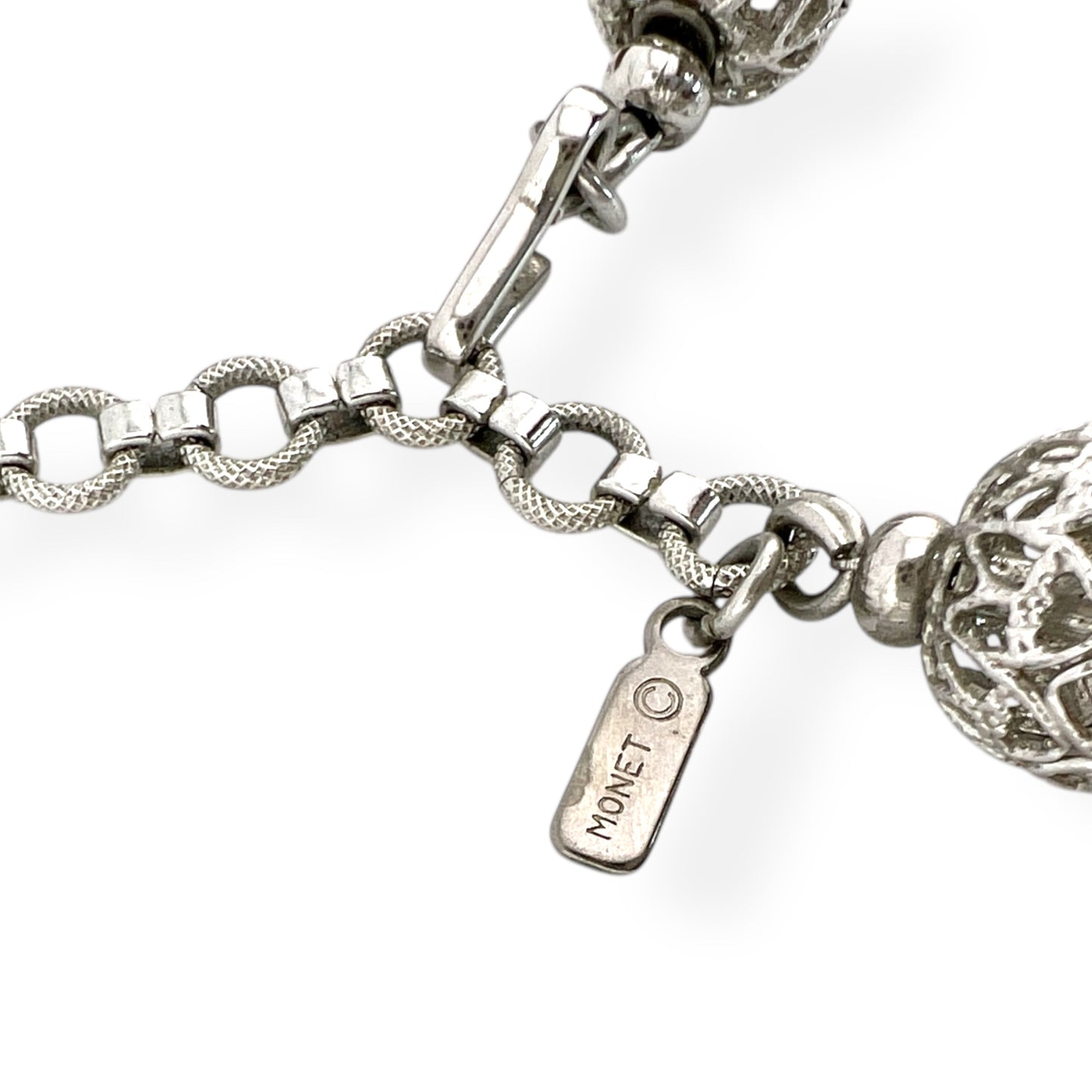 Monet Filigree Ball Beads with Hearts Silver Tone Necklace