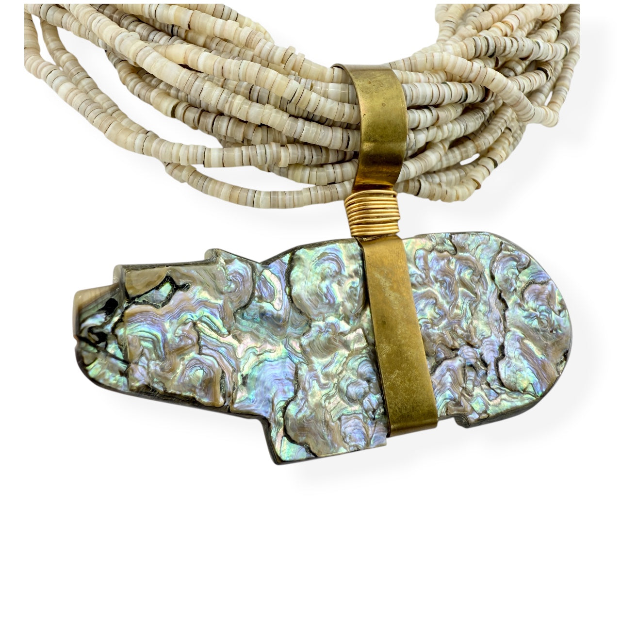 Native American 20-Strand Heishi Shell & Abalone Bear Pendant Necklace