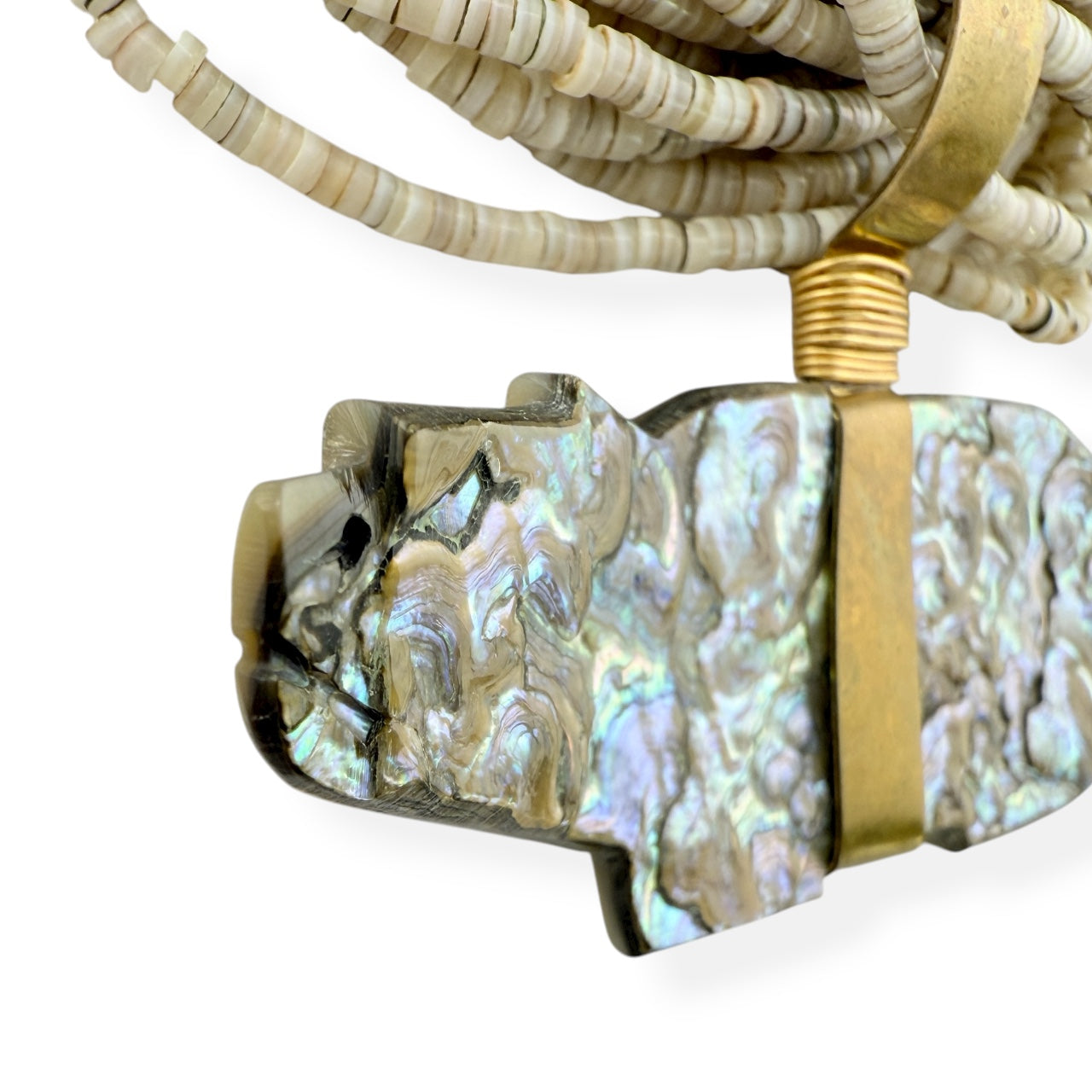 Native American 20-Strand Heishi Shell & Abalone Bear Pendant Necklace