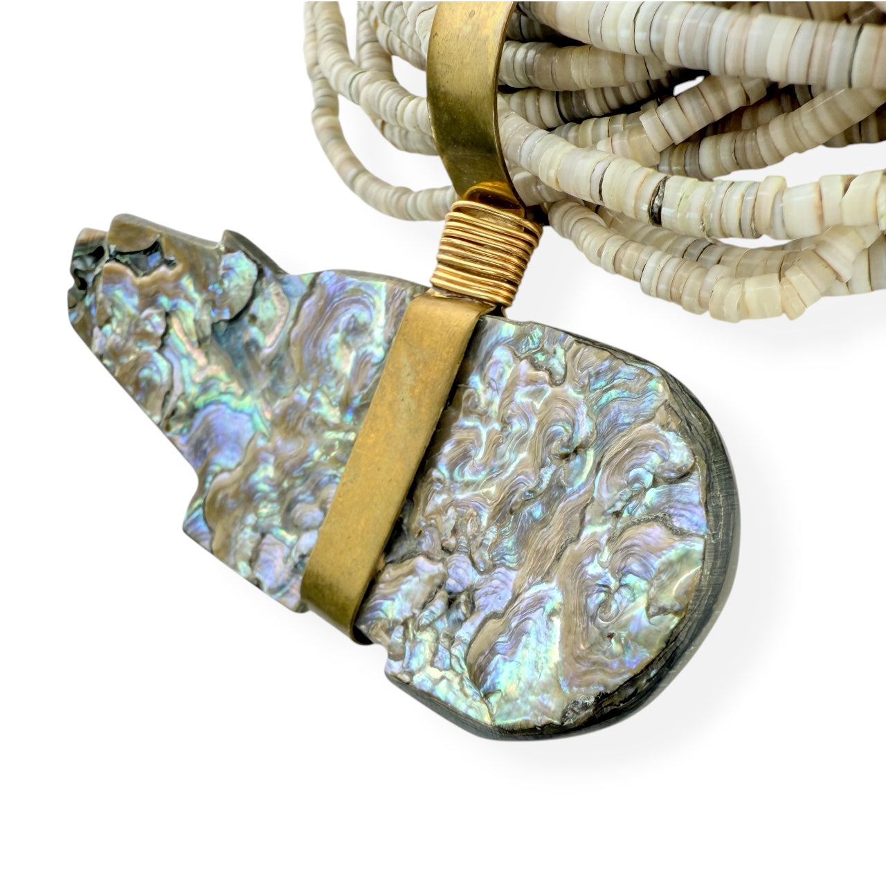 Native American 20-Strand Heishi Shell & Abalone Bear Pendant Necklace
