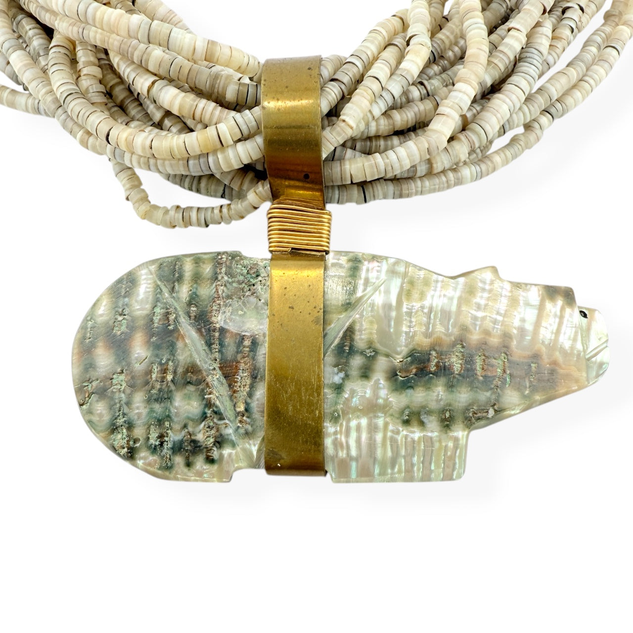 Native American 20-Strand Heishi Shell & Abalone Bear Pendant Necklace