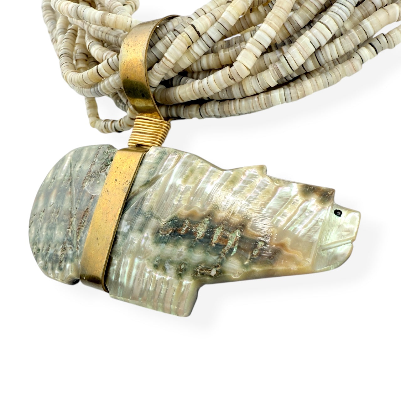 Native American 20-Strand Heishi Shell & Abalone Bear Pendant Necklace