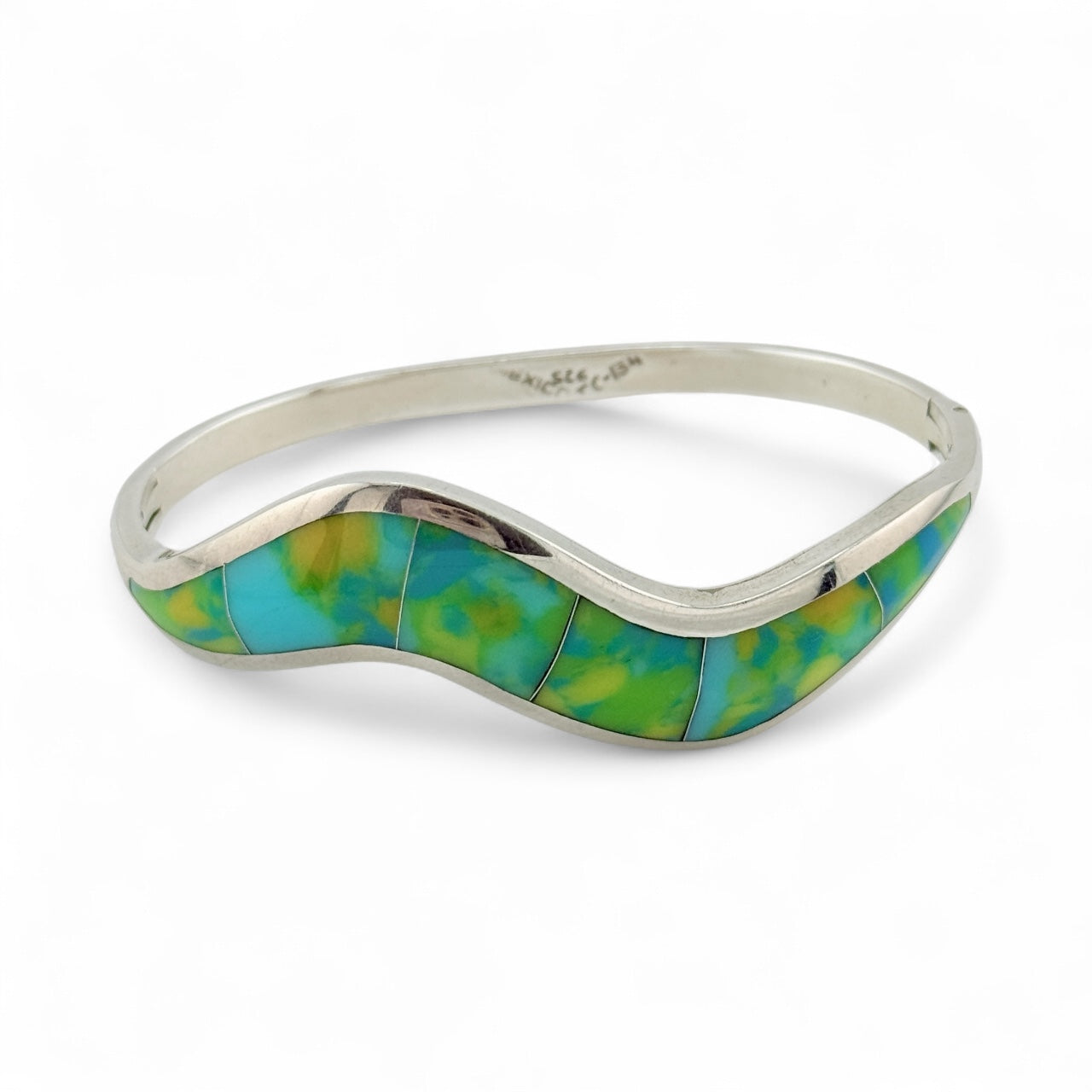 Vintage Taxco Mexico 925 Sterling Silver Wavy Turquoise & Yellow-Green Inlay Bracelet