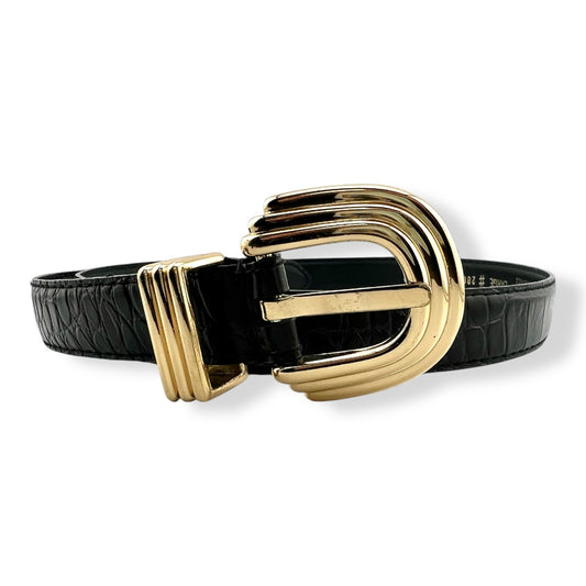 Vintage Liz Claiborne Black Alligator Embossed Leather Belt with Gold Tone Buckle