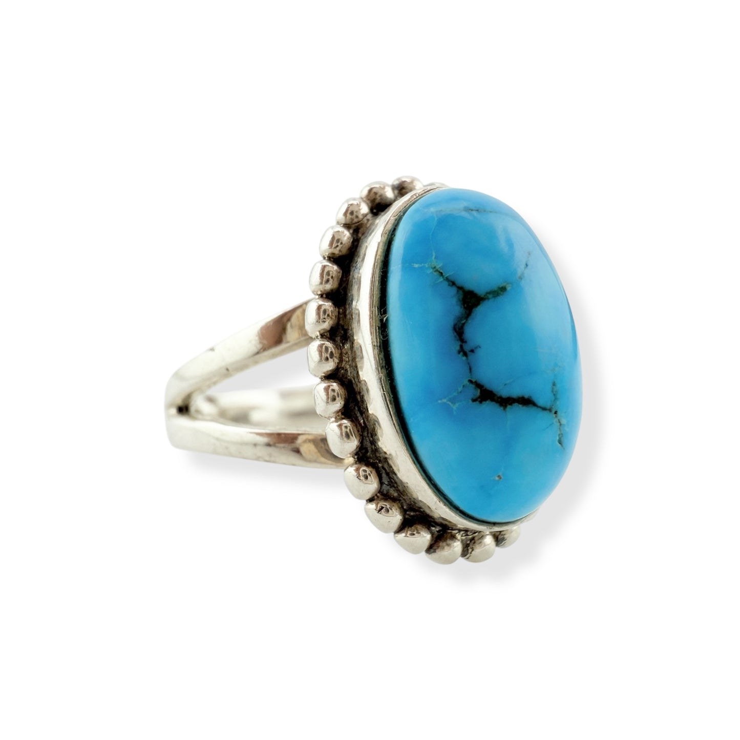 Vintage Oval Turquoise with Ball Beaded Border Sterling Silver Ring