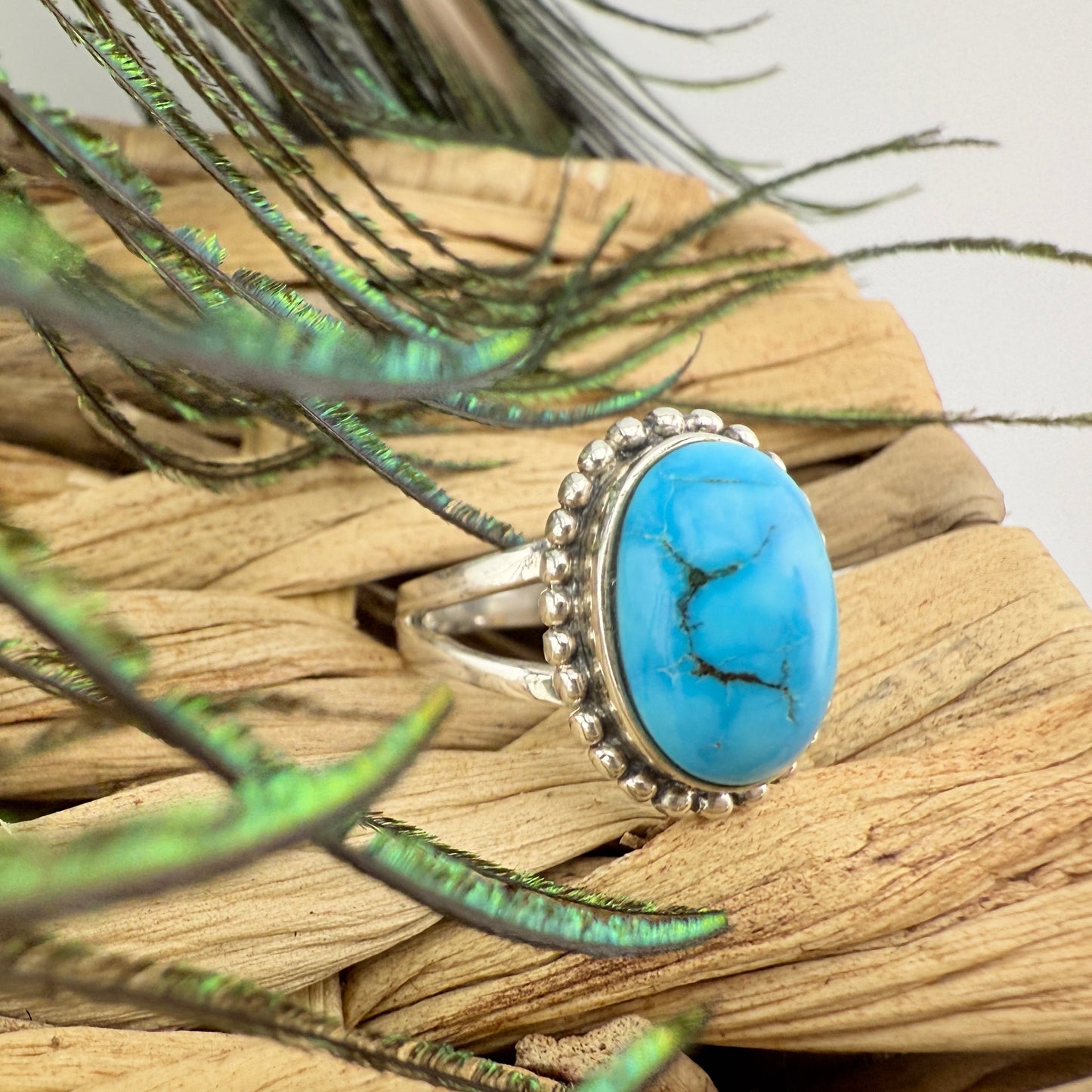 Vintage Oval Turquoise with Ball Beaded Border Sterling Silver Ring