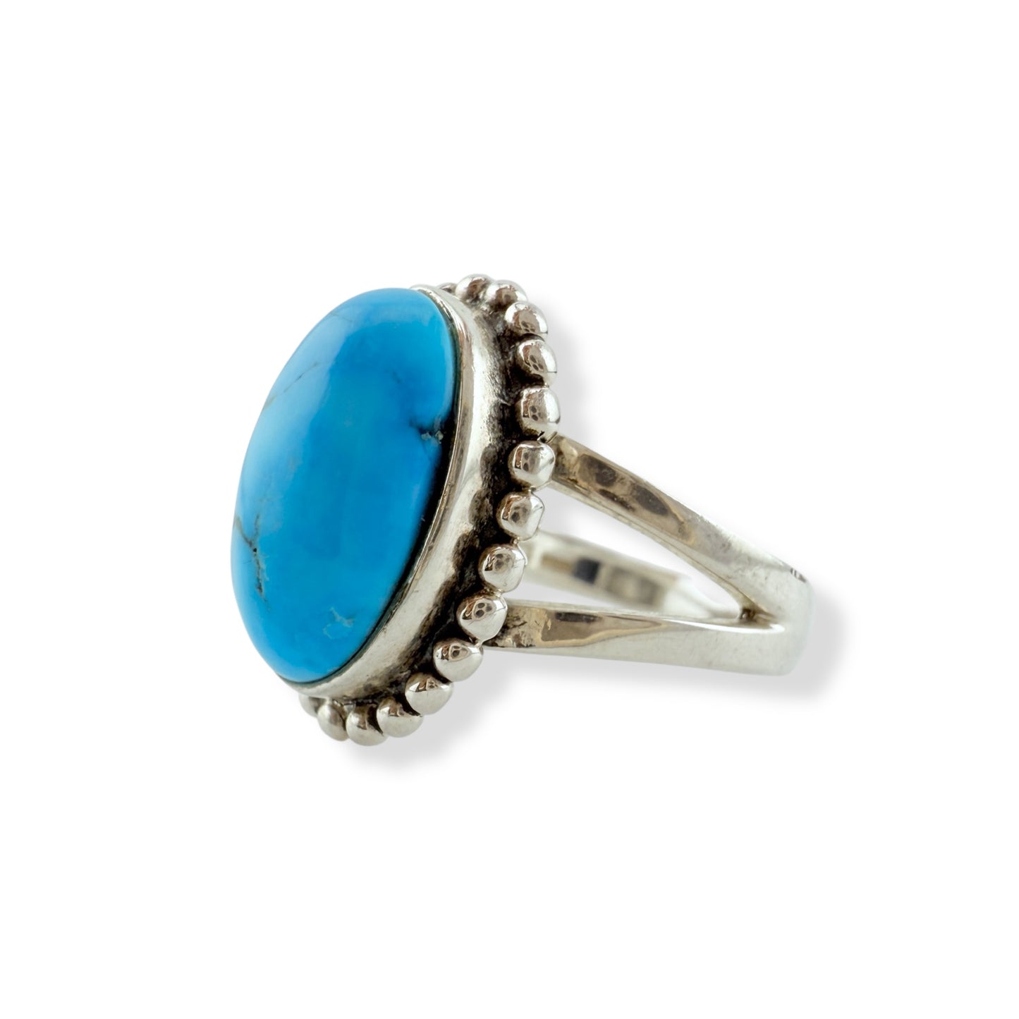 Vintage Oval Turquoise with Ball Beaded Border Sterling Silver Ring