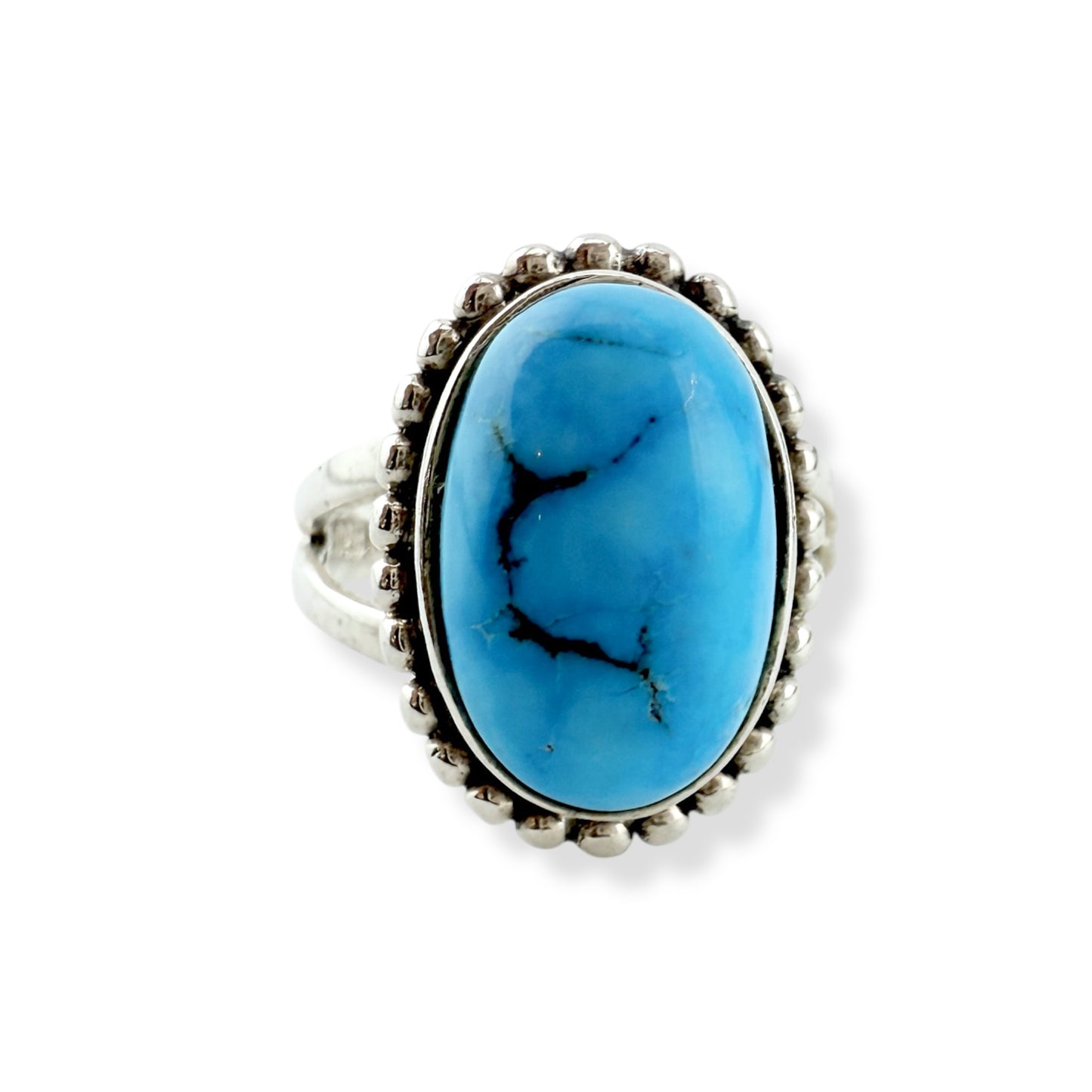 Vintage Oval Turquoise with Ball Beaded Border Sterling Silver Ring