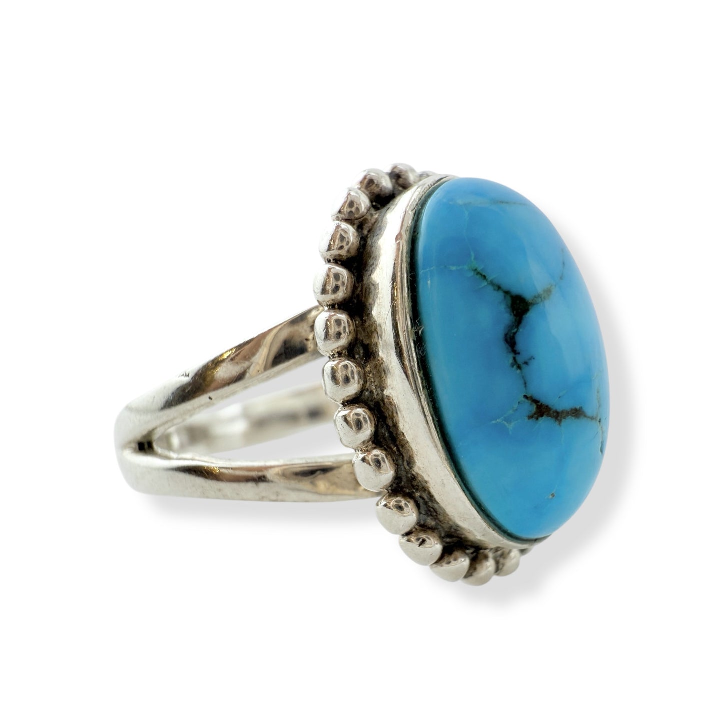 Vintage Oval Turquoise with Ball Beaded Border Sterling Silver Ring