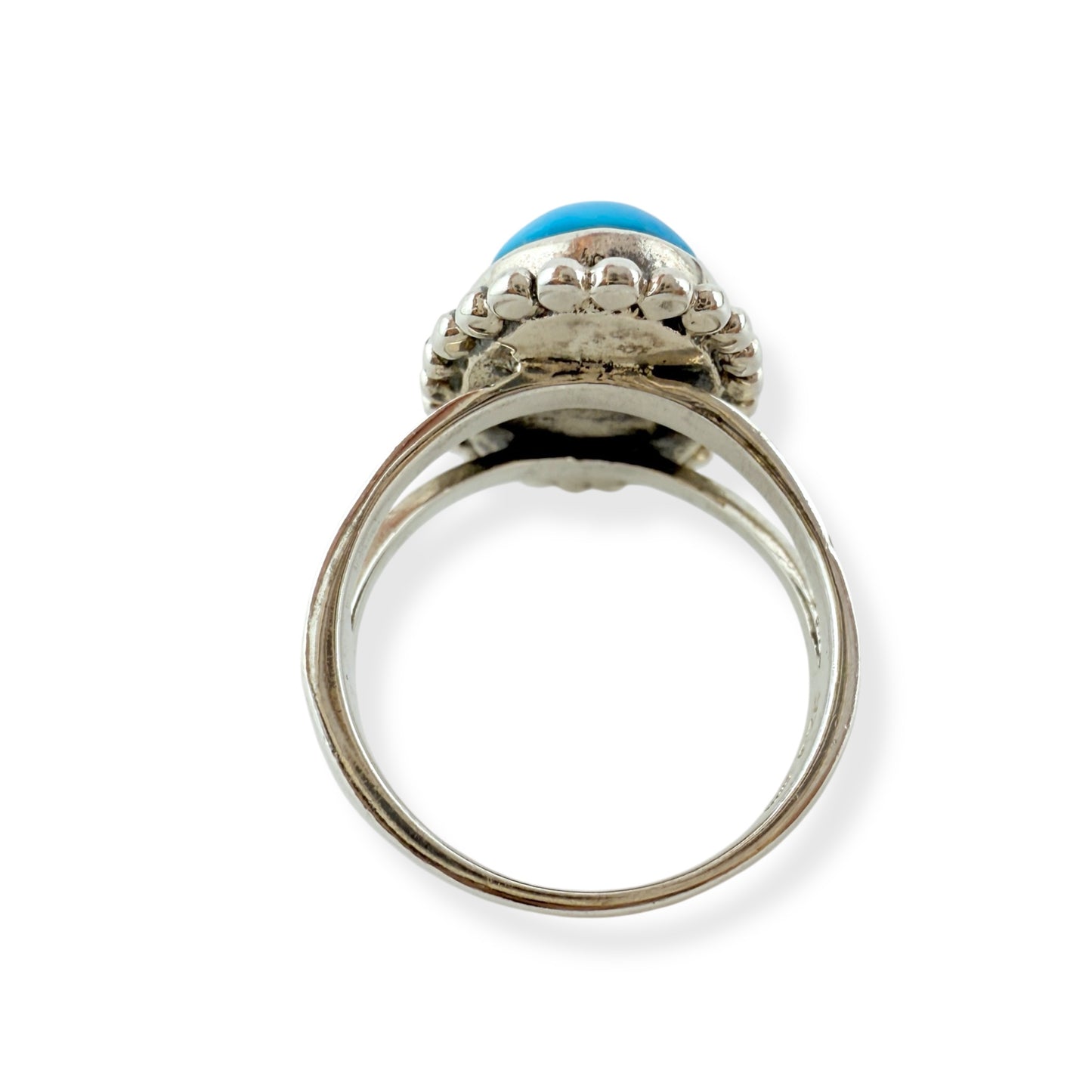 Vintage Oval Turquoise with Ball Beaded Border Sterling Silver Ring