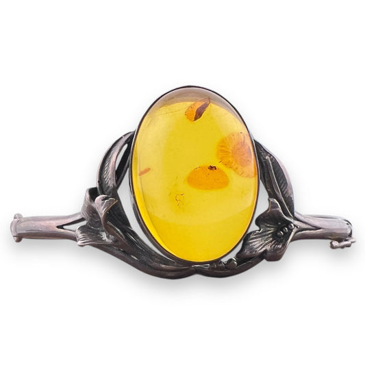 Vintage Silver and Amber Bangle Bracelet Art Nouveau