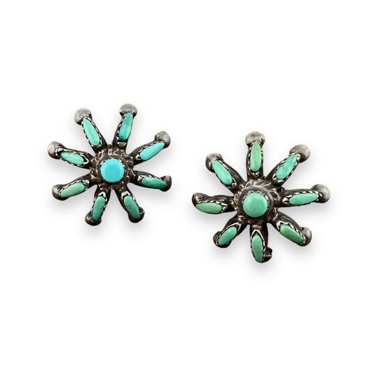 Vintage Zuni Turquoise Flower Earrings Silver